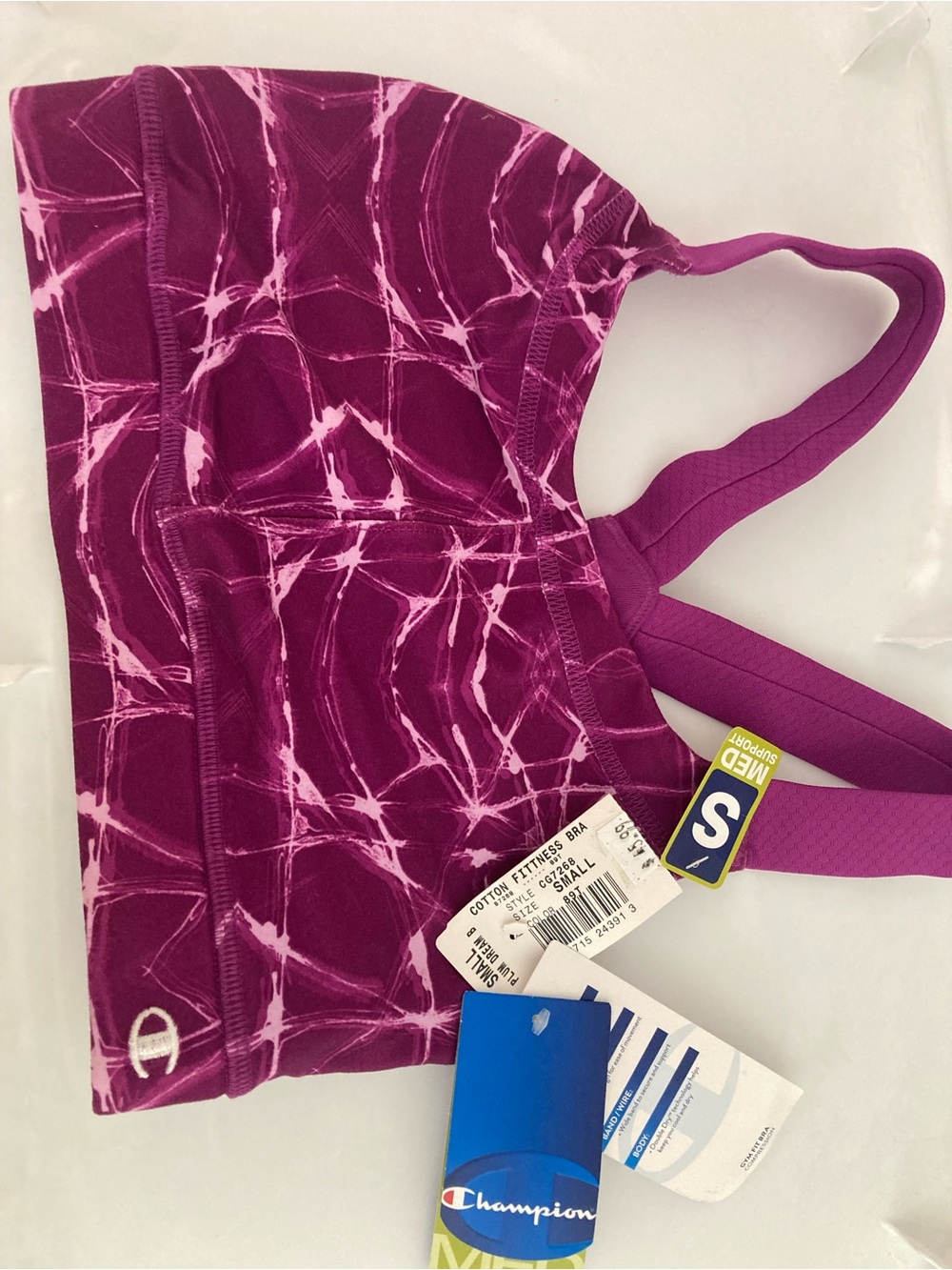 Champion 7268 Small Women's Magenta Tie-Dye Sports Bra - Pink Marble Print